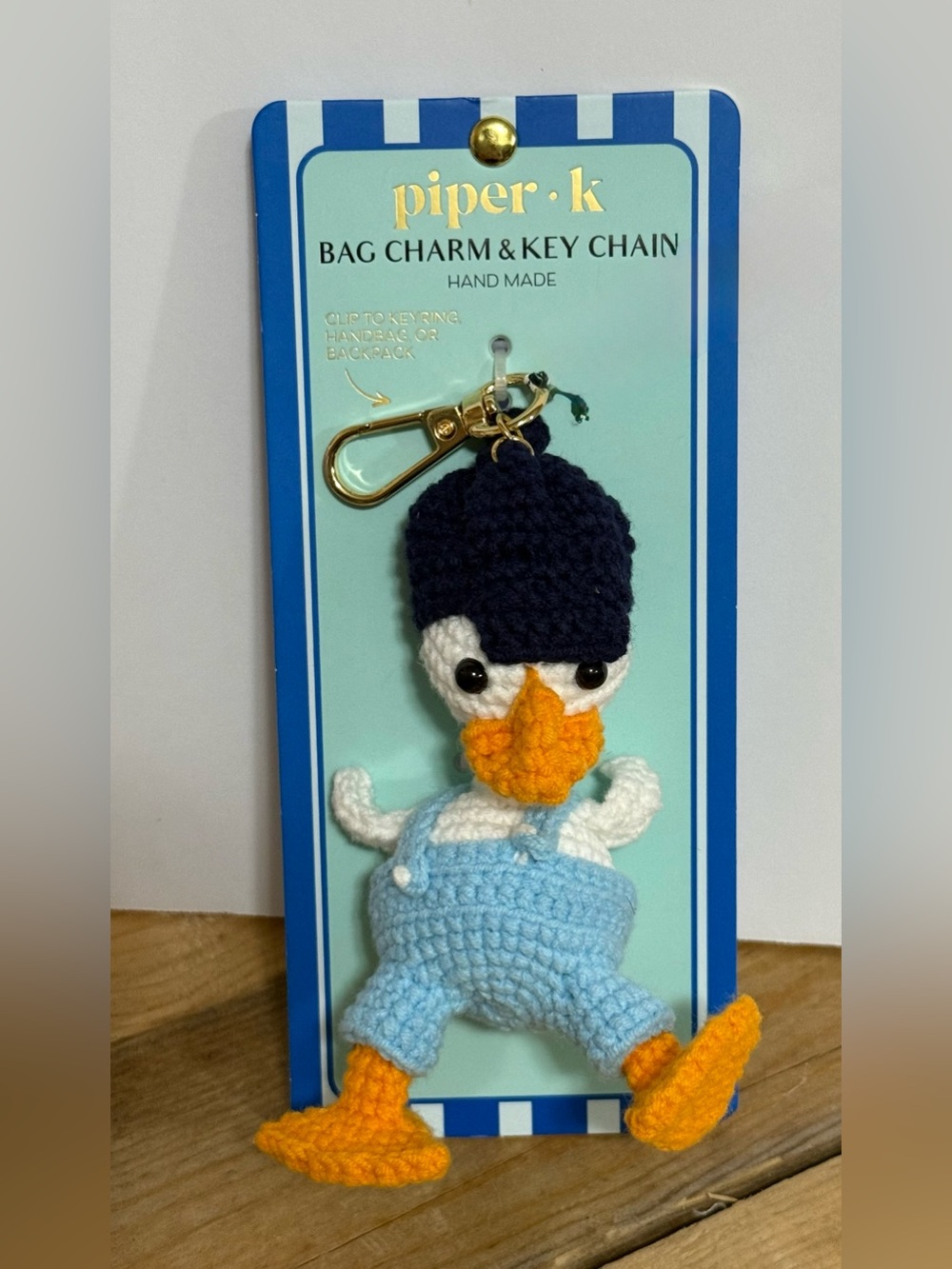 Piper Navy, Light Blue and Orange Crochet Duck Key Charm